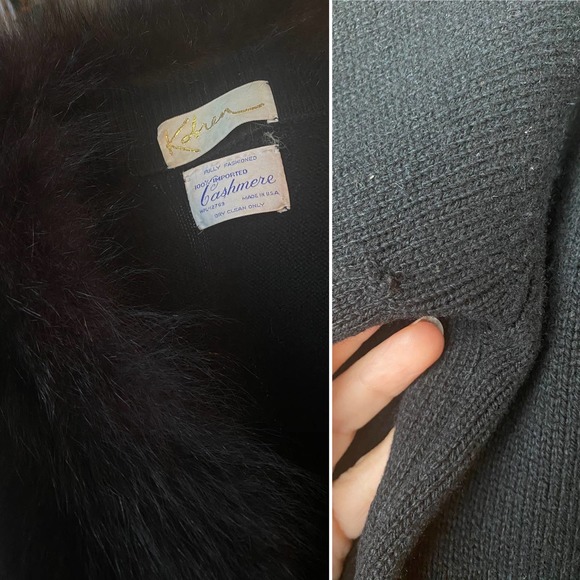 vintage 60s Black Real FOX Fur Collar CASHMERE CARDIGAN Medium real fur draped - Picture 10 of 10